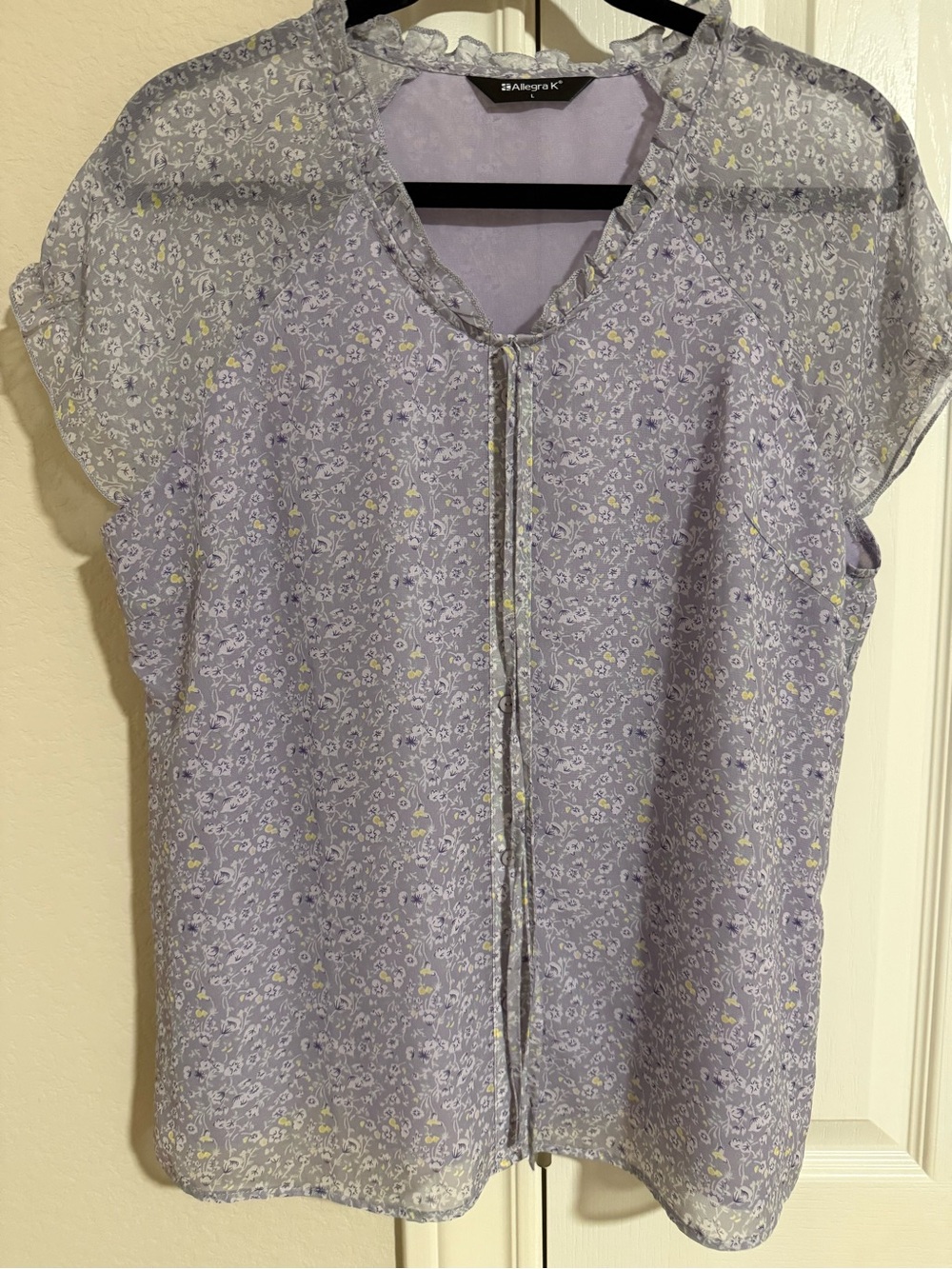 Allegra K Lavender Floral Short-Sleeve sheer blouse